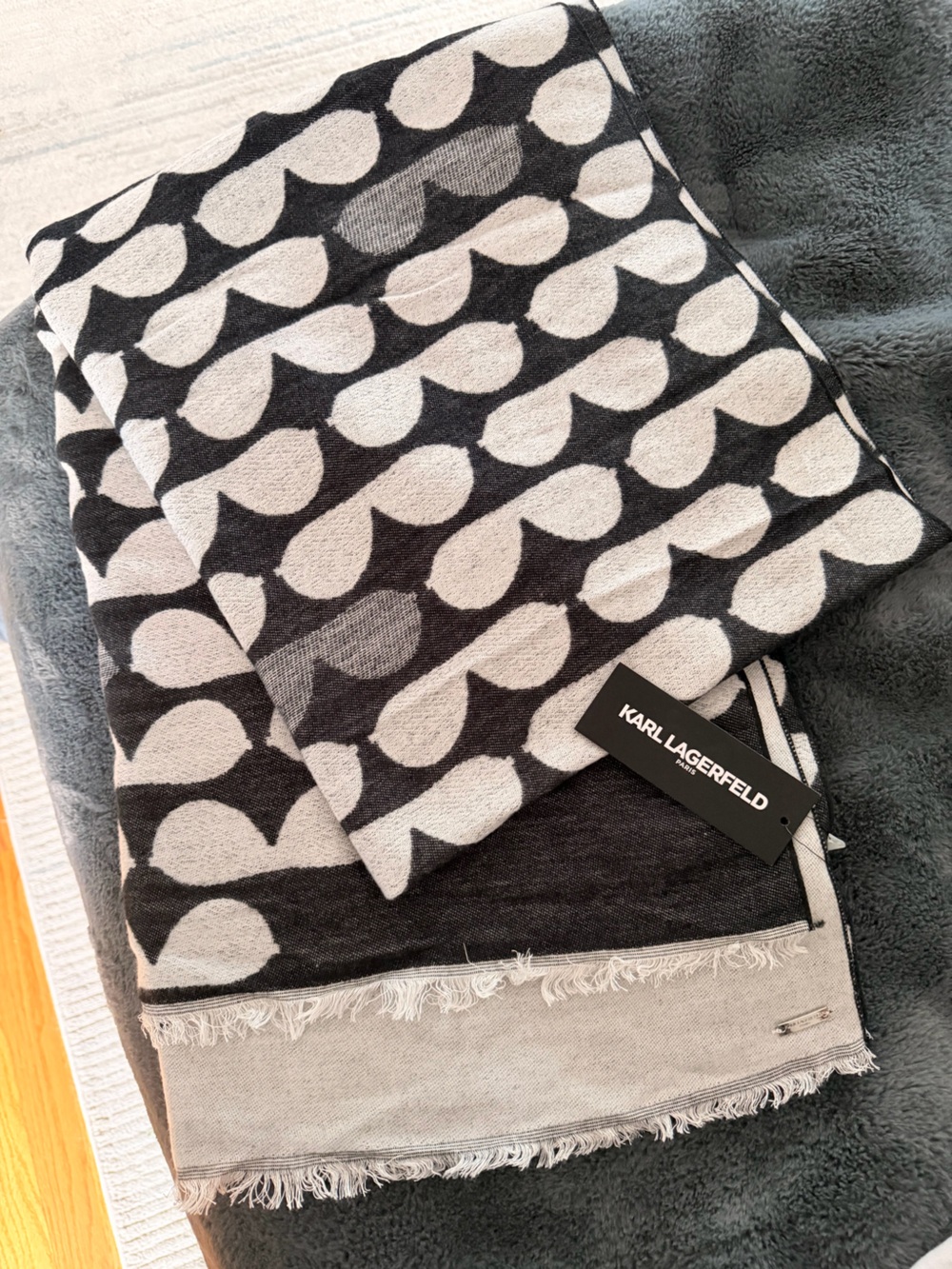 Karl Lagerfeld Black and White Graphic Fringe Scarf